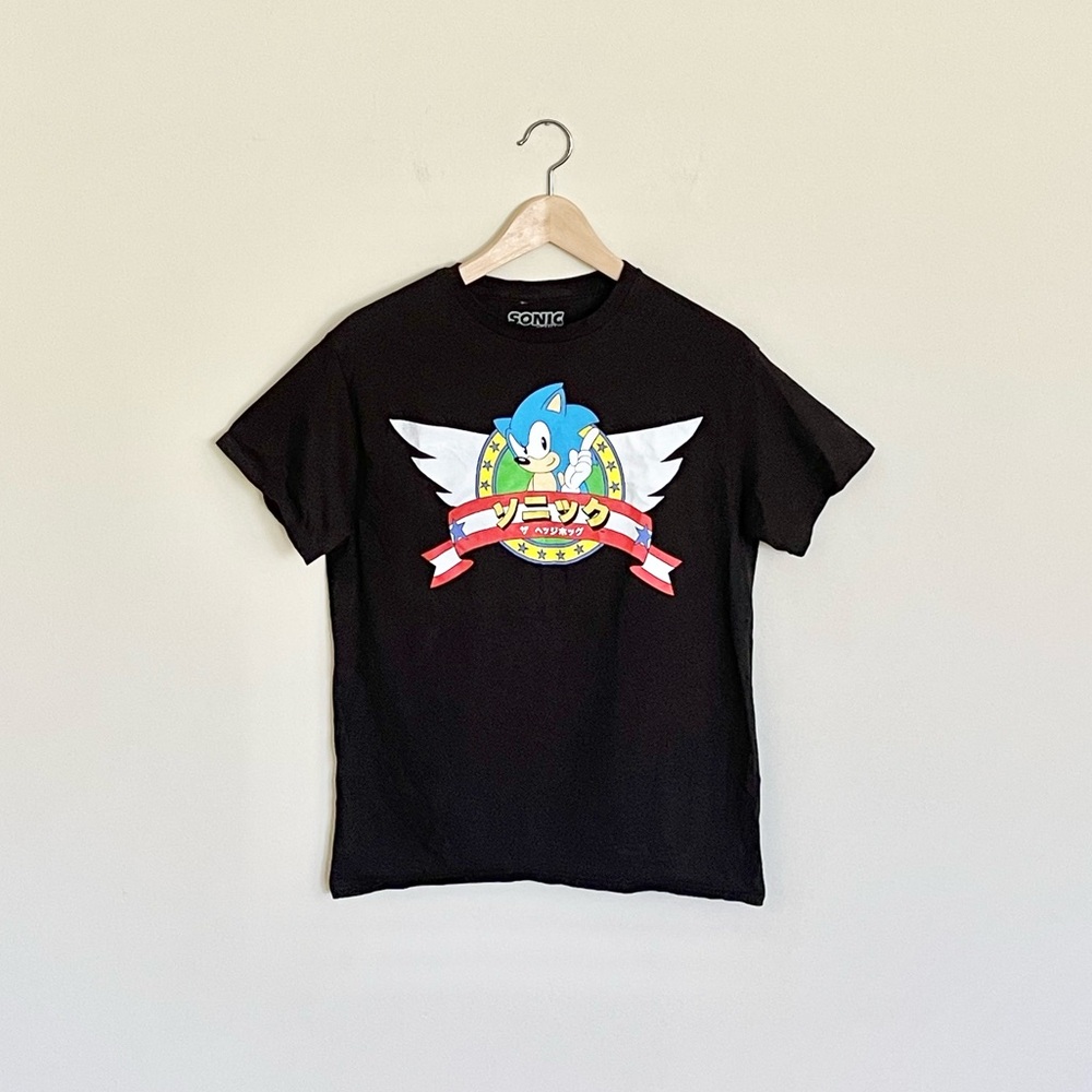 RARE Sega Japanese Sonic The Hedgehog Retro Logo Graphic Black T Shirt Adult M